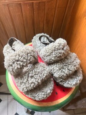 UGG Gray Fuzz Sandal Slides